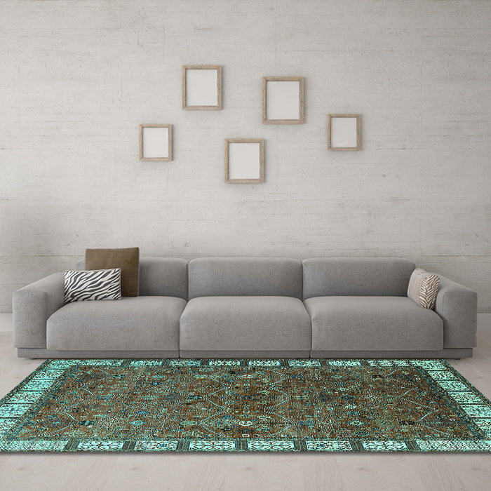 Machine Washable Oriental Turquoise Industrial Area Rugs in a Living Room,, wshurb2331turq