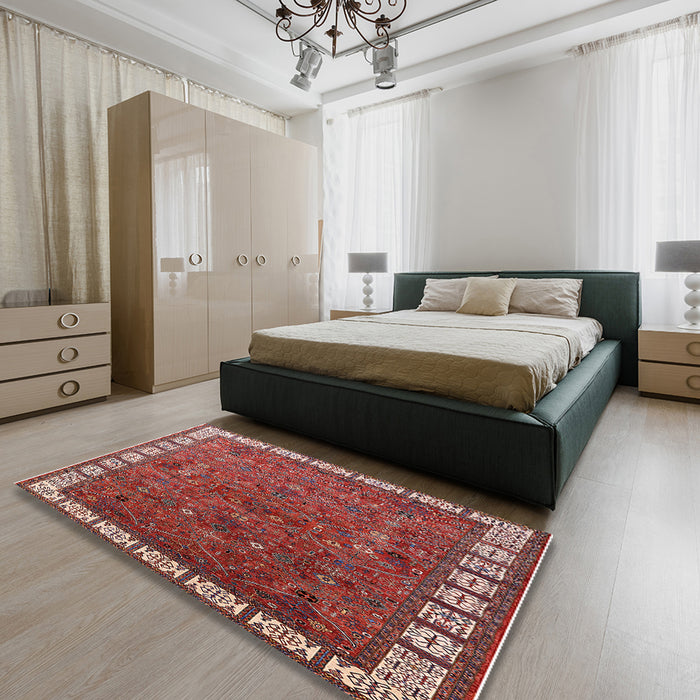 Mid-Century Modern Red Oriental Rug in a Bedroom, urb2331