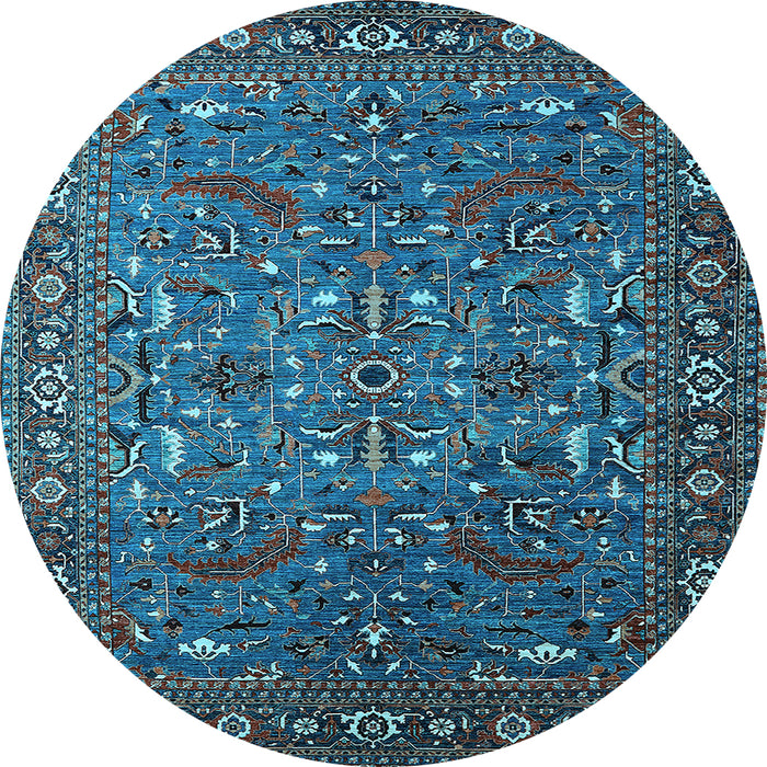 Round Machine Washable Oriental Light Blue Traditional Rug, wshurb2333lblu