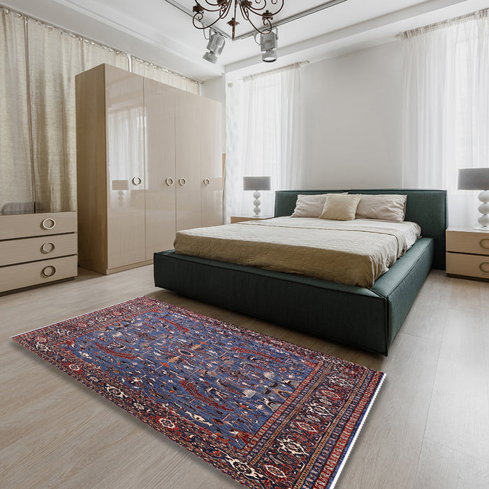 Mid-Century Modern Purple Lily Purple Oriental Rug in a Bedroom, urb2333