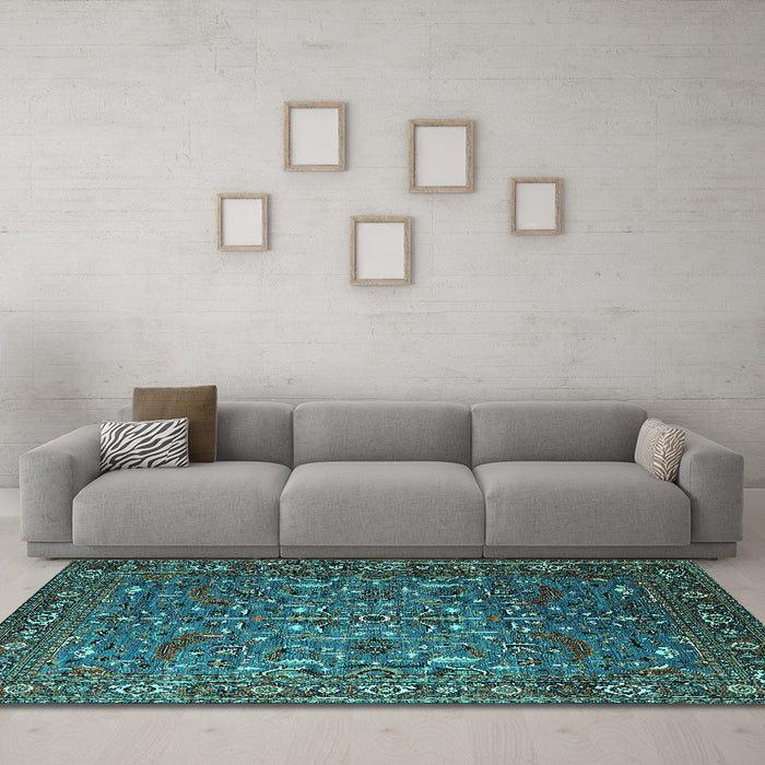 Machine Washable Oriental Turquoise Traditional Area Rugs in a Living Room,, wshurb2333turq