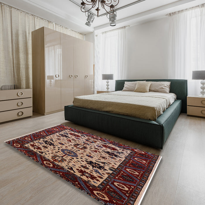 Mid-Century Modern Deep Red Oriental Rug in a Bedroom, urb2334