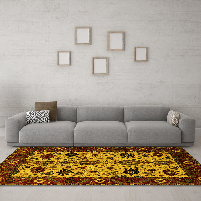 Machine Washable Oriental Yellow Traditional Rug in a Living Room, wshurb2334yw
