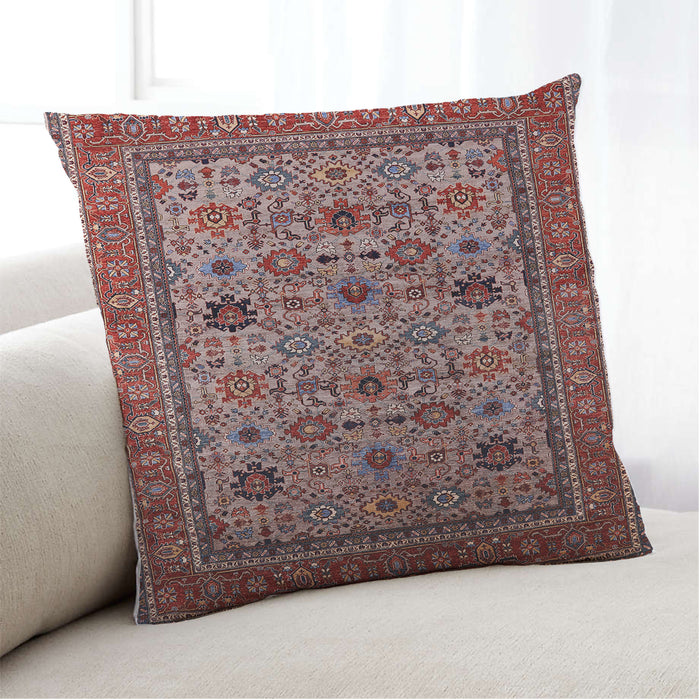 Lifestyle Image of Mid-Century Modern Urban Square Khaki Rose Pink Throw Pillow, 18 inch by 18 inch, pwurb2335