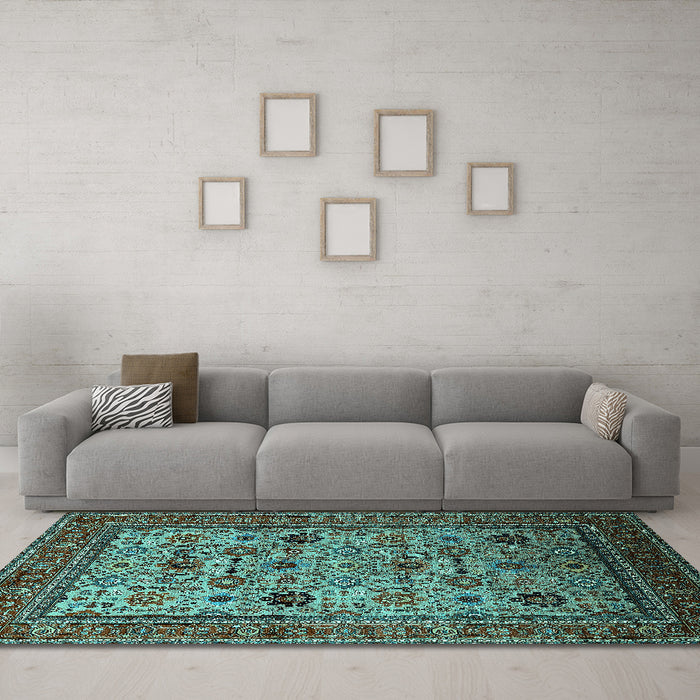 Machine Washable Oriental Turquoise Industrial Area Rugs in a Living Room,, wshurb2335turq