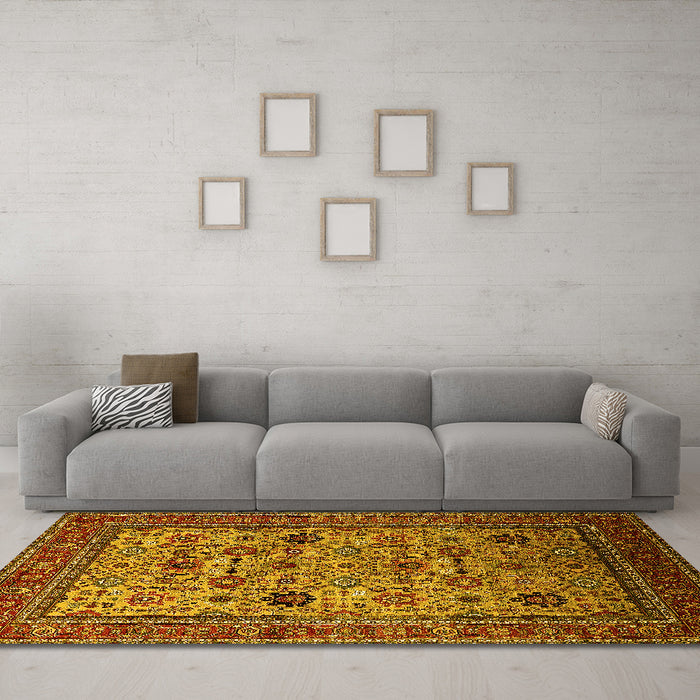 Machine Washable Oriental Yellow Industrial Rug in a Living Room, wshurb2335yw