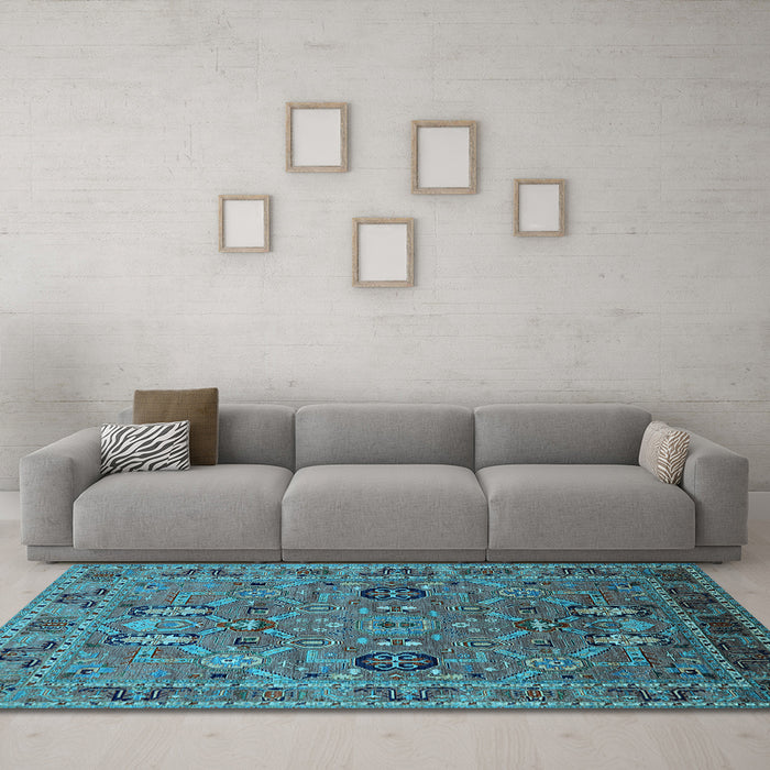 Machine Washable Oriental Light Blue Traditional Rug in a Living Room, wshurb2336lblu