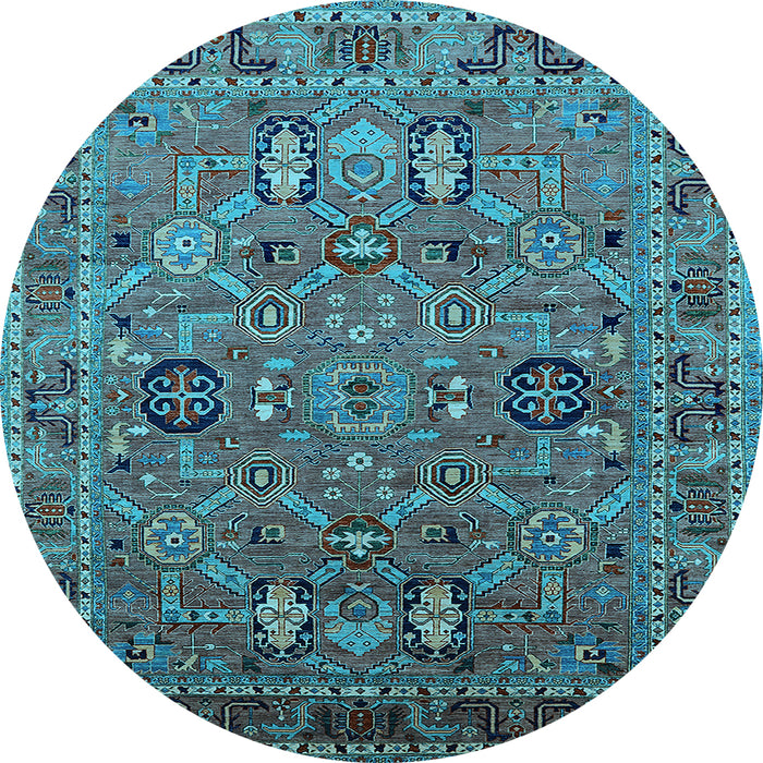 Round Machine Washable Oriental Light Blue Traditional Rug, wshurb2336lblu