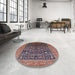 Round Mid-Century Modern Camel Brown Oriental Rug in a Office, urb2337