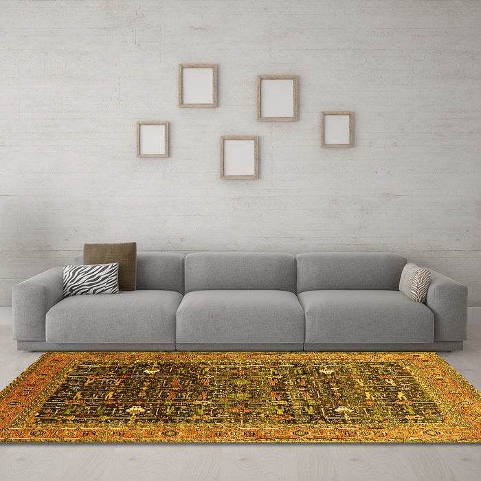 Machine Washable Oriental Yellow Industrial Rug in a Living Room, wshurb2337yw