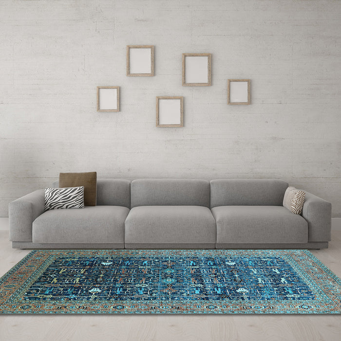 Machine Washable Oriental Light Blue Industrial Rug in a Living Room, wshurb2337lblu