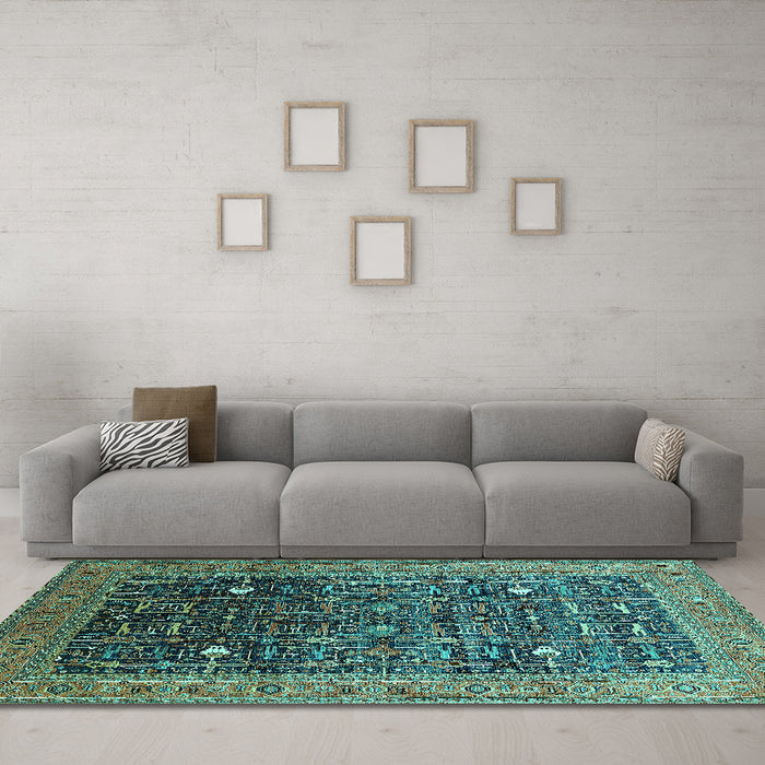 Machine Washable Oriental Turquoise Industrial Area Rugs in a Living Room,, wshurb2337turq