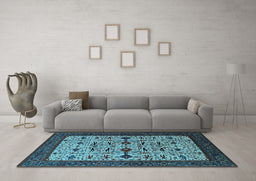 Machine Washable Oriental Light Blue Traditional Rug in a Living Room, wshurb2338lblu