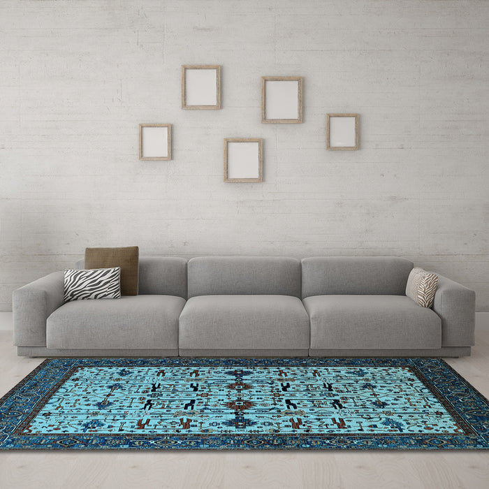 Machine Washable Oriental Light Blue Traditional Rug in a Living Room, wshurb2338lblu