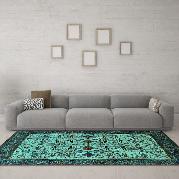 Machine Washable Oriental Turquoise Traditional Area Rugs in a Living Room,, wshurb2338turq