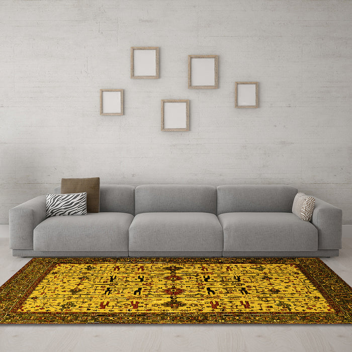 Machine Washable Oriental Yellow Traditional Rug in a Living Room, wshurb2338yw