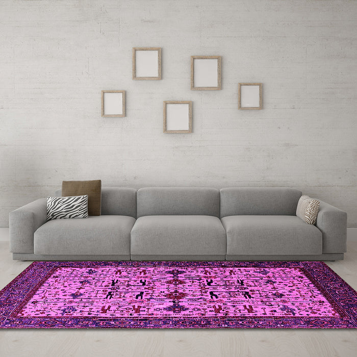 Machine Washable Oriental Pink Traditional Rug in a Living Room, wshurb2338pnk
