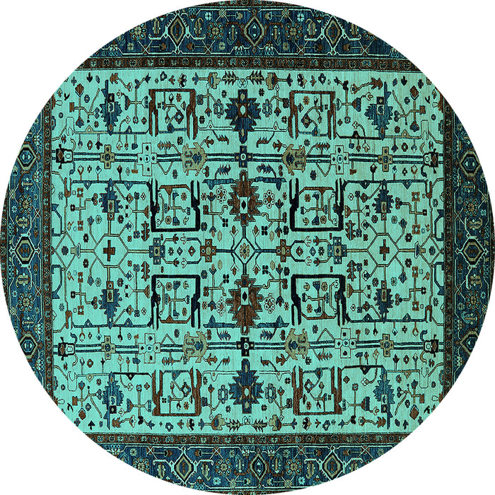 Round Machine Washable Oriental Turquoise Traditional Area Rugs, wshurb2338turq