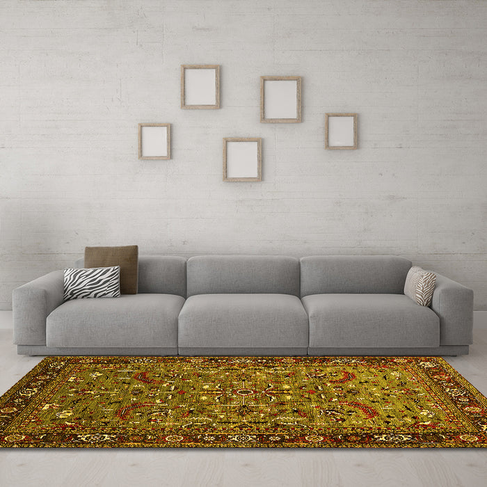 Machine Washable Oriental Yellow Industrial Rug in a Living Room, wshurb2340yw