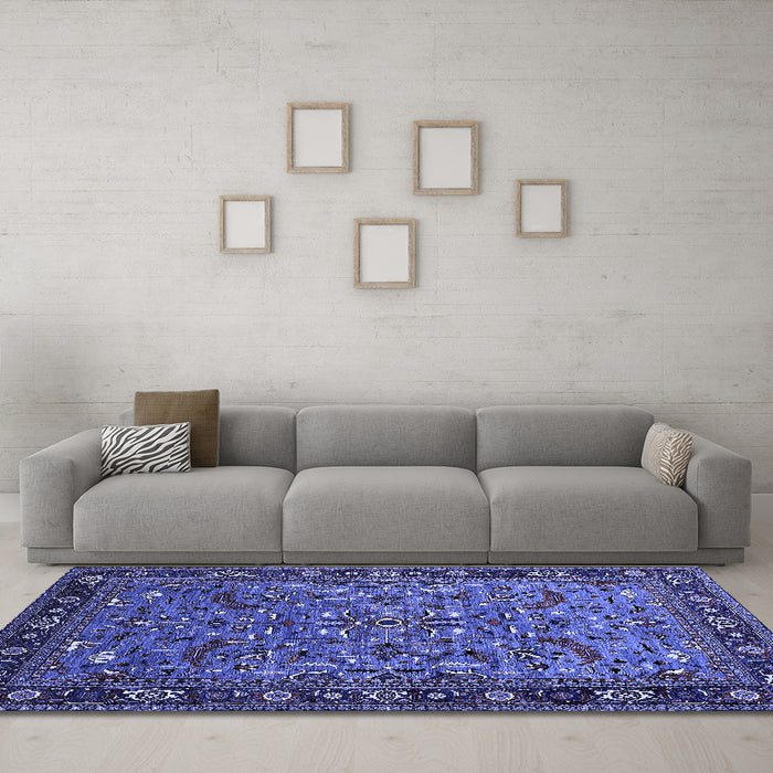 Machine Washable Oriental Blue Industrial Rug in a Living Room, wshurb2340blu
