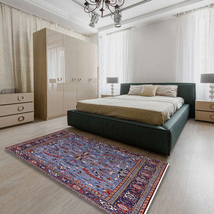 Mid-Century Modern Purple Lily Purple Oriental Rug in a Bedroom, urb2340