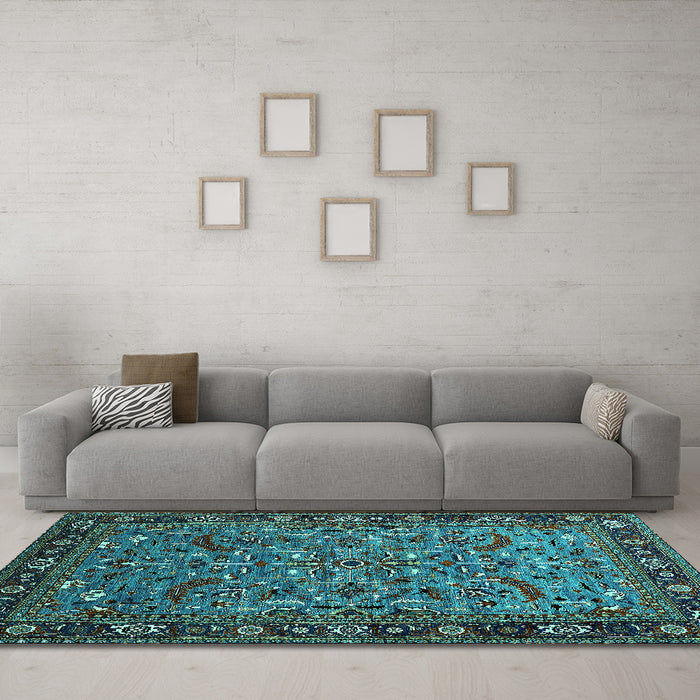 Machine Washable Oriental Turquoise Industrial Area Rugs in a Living Room,, wshurb2340turq