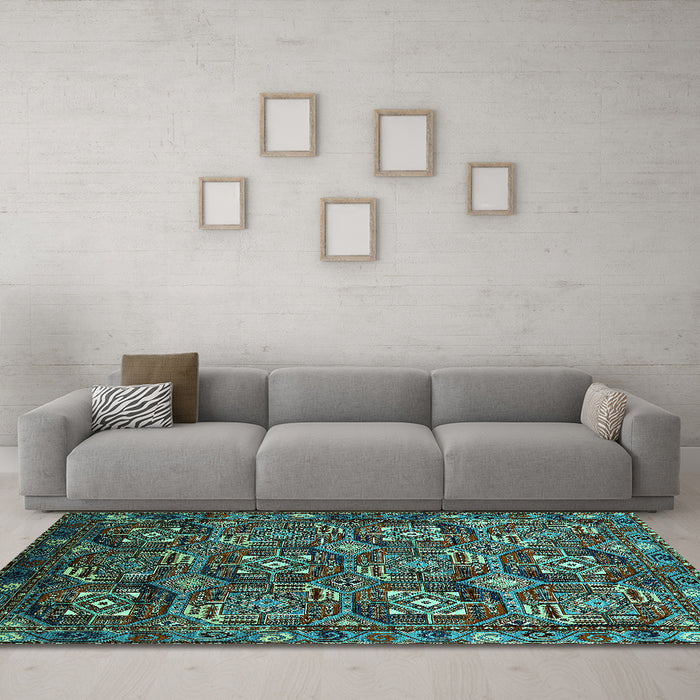 Machine Washable Oriental Turquoise Industrial Area Rugs in a Living Room,, wshurb2341turq