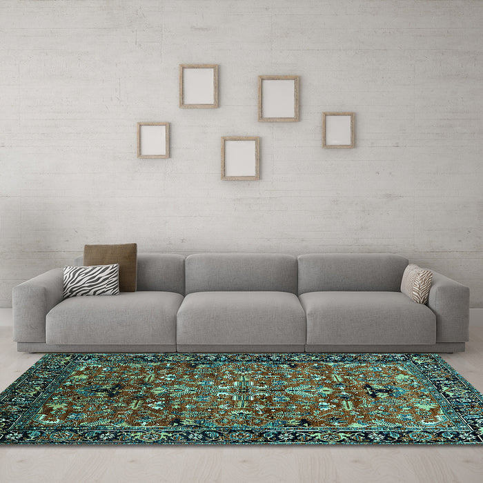Machine Washable Oriental Turquoise Traditional Area Rugs in a Living Room,, wshurb2342turq