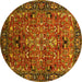 Round Machine Washable Oriental Yellow Traditional Rug, wshurb2342yw