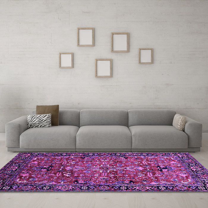 Machine Washable Oriental Purple Traditional Area Rugs in a Living Room, wshurb2342pur