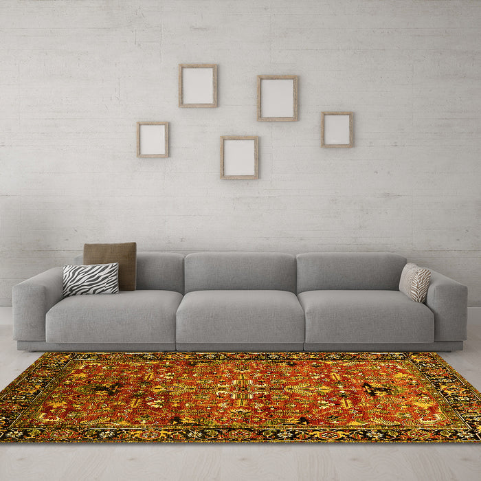 Machine Washable Oriental Yellow Traditional Rug in a Living Room, wshurb2342yw