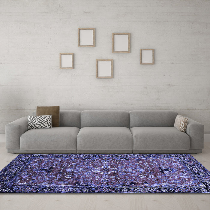 Machine Washable Oriental Blue Traditional Rug in a Living Room, wshurb2342blu