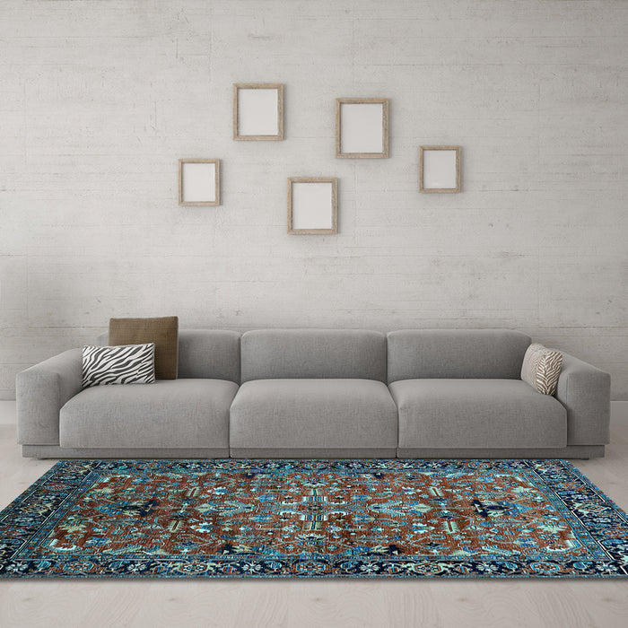 Machine Washable Oriental Light Blue Traditional Rug in a Living Room, wshurb2342lblu