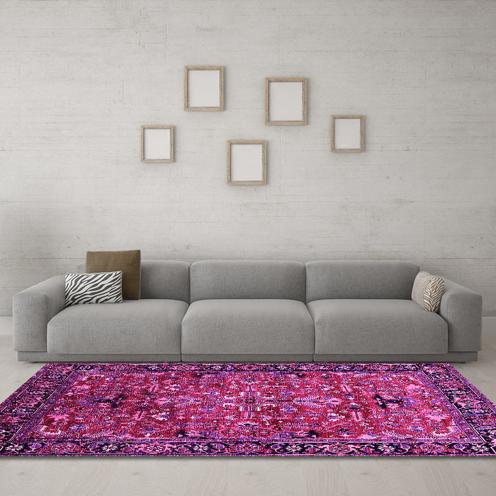 Machine Washable Oriental Pink Traditional Rug in a Living Room, wshurb2342pnk