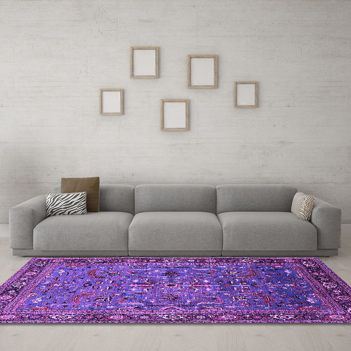 Machine Washable Oriental Purple Traditional Area Rugs in a Living Room, wshurb2343pur