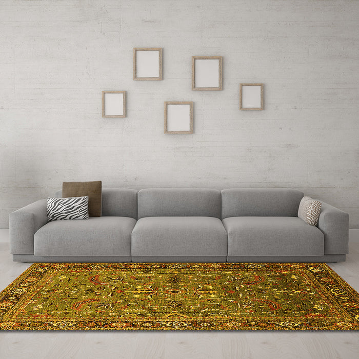 Machine Washable Oriental Yellow Traditional Rug in a Living Room, wshurb2343yw