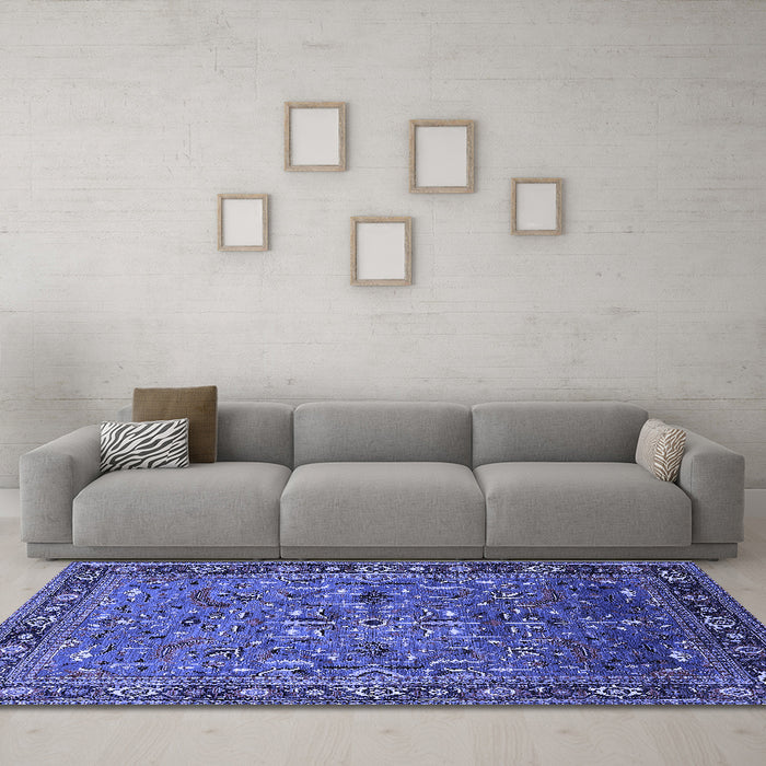 Machine Washable Oriental Blue Traditional Rug in a Living Room, wshurb2343blu