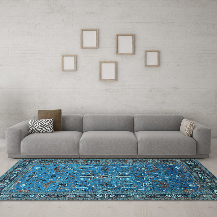 Machine Washable Oriental Light Blue Traditional Rug in a Living Room, wshurb2343lblu