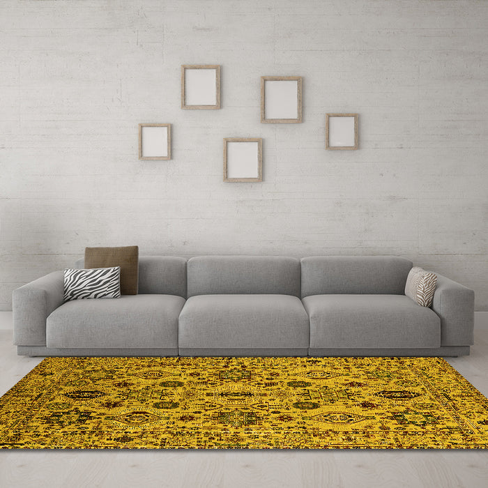 Machine Washable Oriental Yellow Traditional Rug in a Living Room, wshurb2344yw