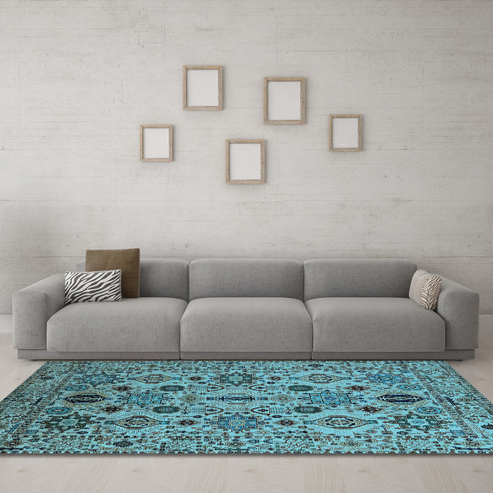 Machine Washable Oriental Light Blue Traditional Rug in a Living Room, wshurb2344lblu