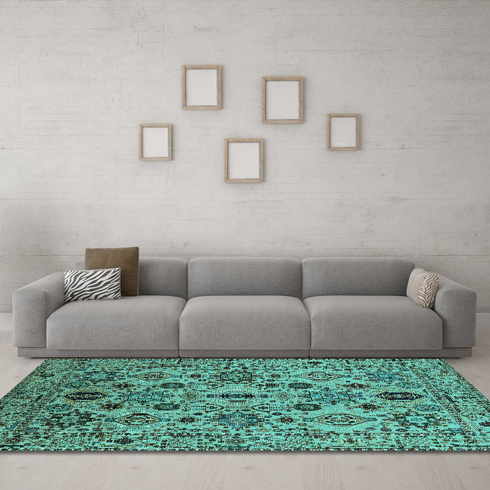 Machine Washable Oriental Turquoise Traditional Area Rugs in a Living Room,, wshurb2344turq