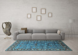 Machine Washable Oriental Light Blue Traditional Rug in a Living Room, wshurb2345lblu