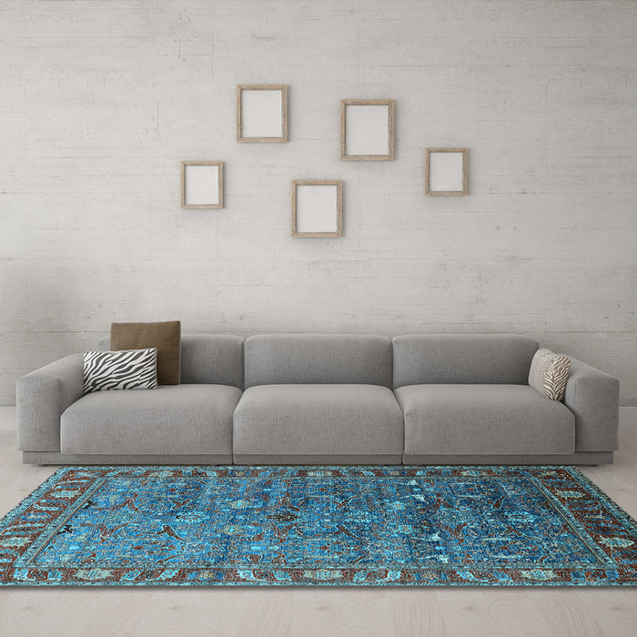 Machine Washable Oriental Light Blue Traditional Rug in a Living Room, wshurb2345lblu