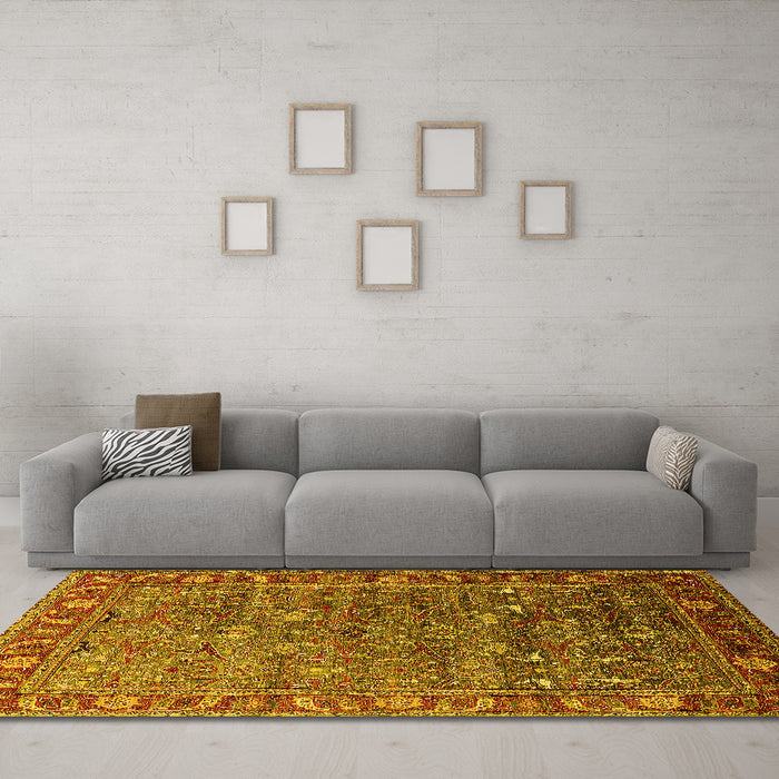 Machine Washable Oriental Yellow Traditional Rug in a Living Room, wshurb2345yw