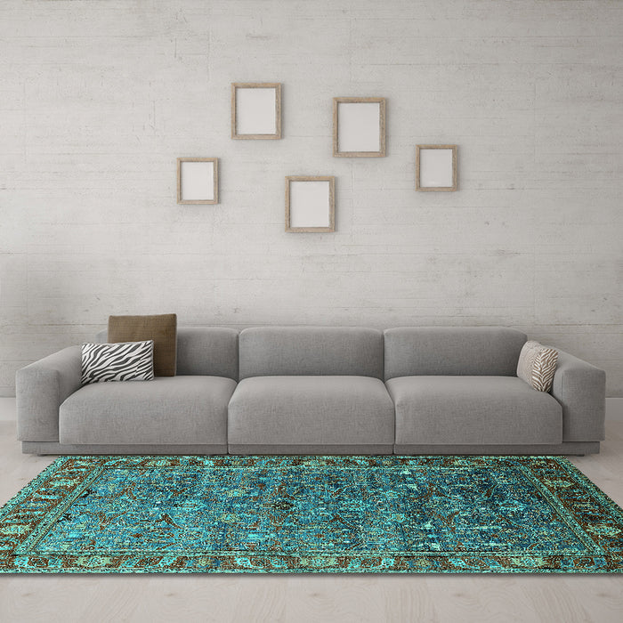 Machine Washable Oriental Turquoise Traditional Area Rugs in a Living Room,, wshurb2345turq