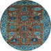 Round Machine Washable Oriental Light Blue Traditional Rug, wshurb2346lblu