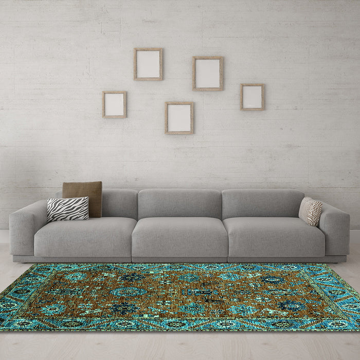 Machine Washable Oriental Turquoise Traditional Area Rugs in a Living Room,, wshurb2346turq