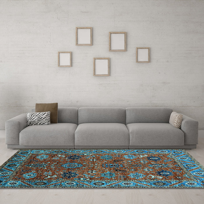 Machine Washable Oriental Light Blue Traditional Rug in a Living Room, wshurb2346lblu