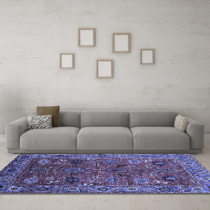 Machine Washable Oriental Blue Traditional Rug in a Living Room, wshurb2346blu