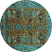 Round Machine Washable Oriental Turquoise Traditional Area Rugs, wshurb2346turq